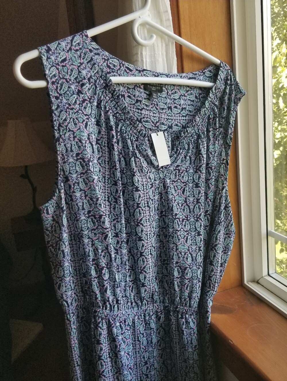 NEW Talbots Woman 16 Sleeveless Dress Lined Skirt Blue Pink Paisly Print Flounce - Picture 8 of 9